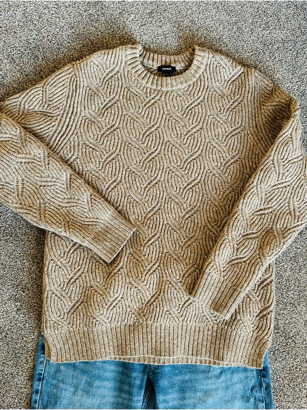 Express Men's Cable Crewneck Sweater in Beige/Tan
